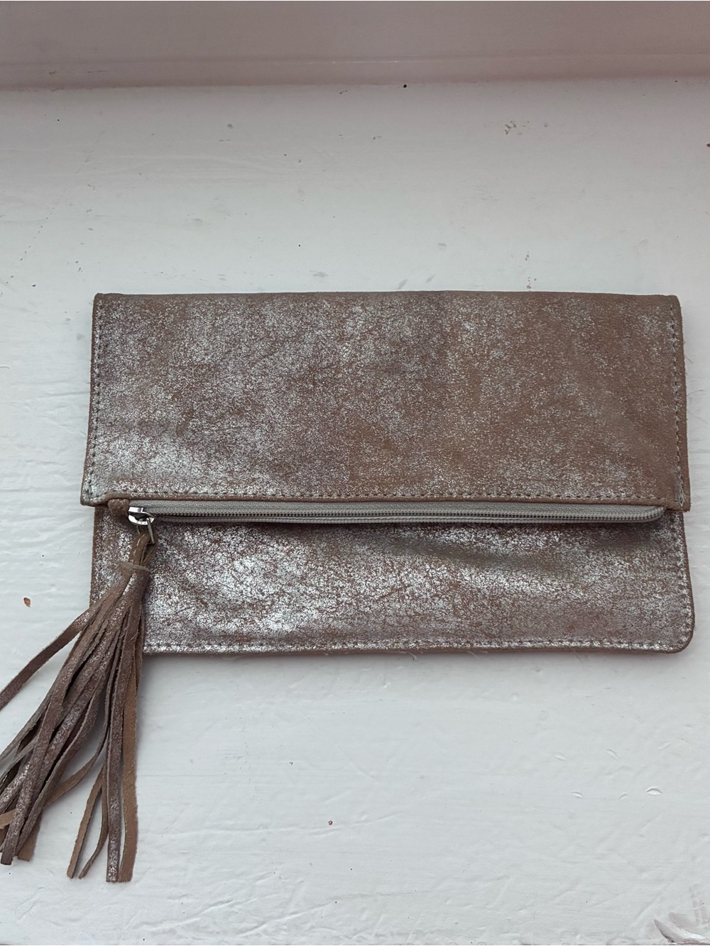Metallic Taupe Fold-Over Clutch with Tassel